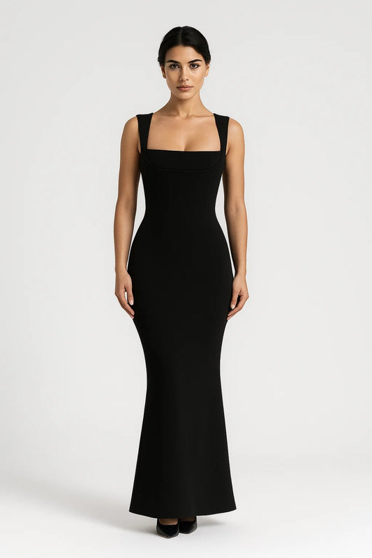 Abito lungo fasciante con spalline larghe e scollo squadrato | Eleganza minimalista