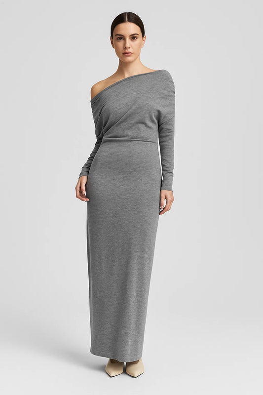 Abito lungo grigio | Monospalla | Morbido e confortevole