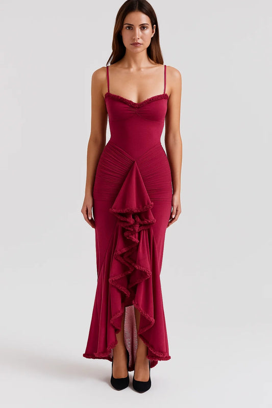 Abito lungo in jersey con volant frontale | Vestibilità aderente | Colore bordeaux