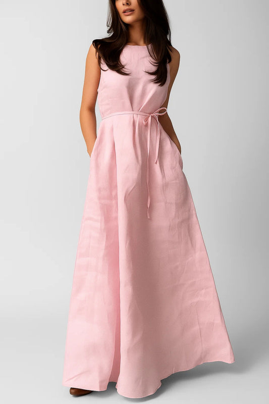 Abito lungo senza maniche con cintura sottile