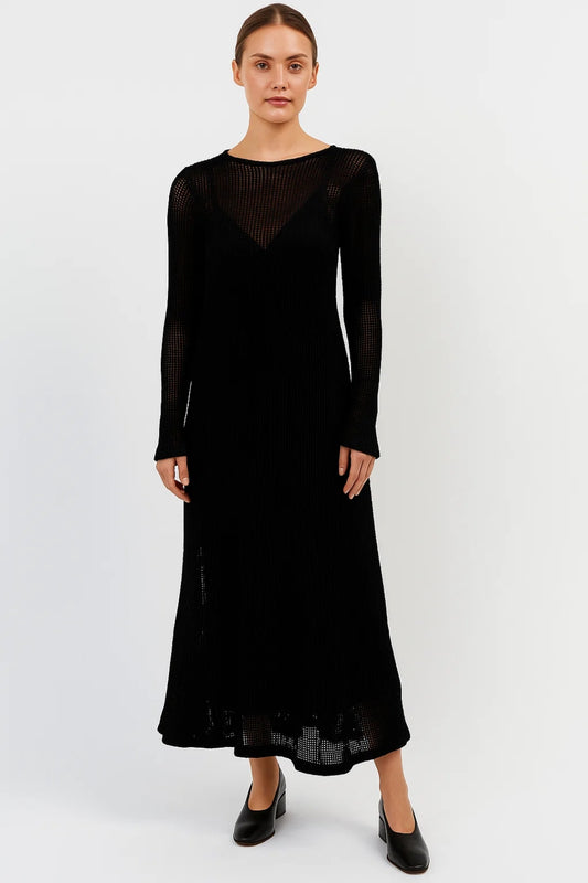 Abito lungo in maglia traforata nera | Maniche lunghe e scollo a V