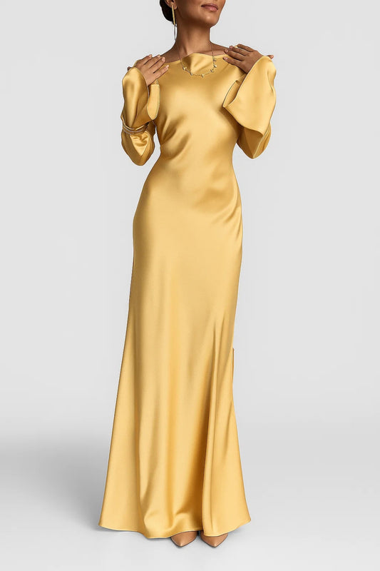 Abito lungo in raso dorato | Maniche ampie | Eleganza da sera