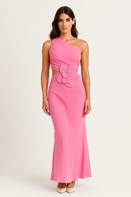 Abito lungo monospalla con fiore 3D | Eleganza estiva con dettaglio cut-out