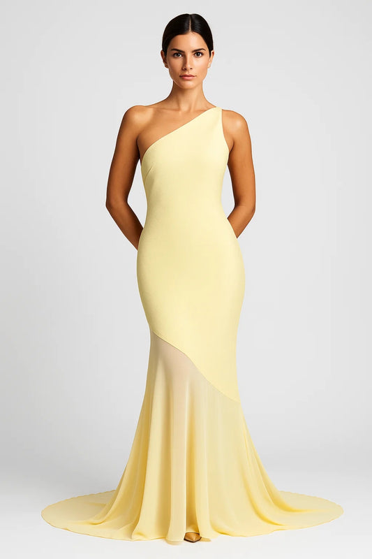 Abito lungo monospalla con orlo asimmetrico in chiffon | Eleganza fluida