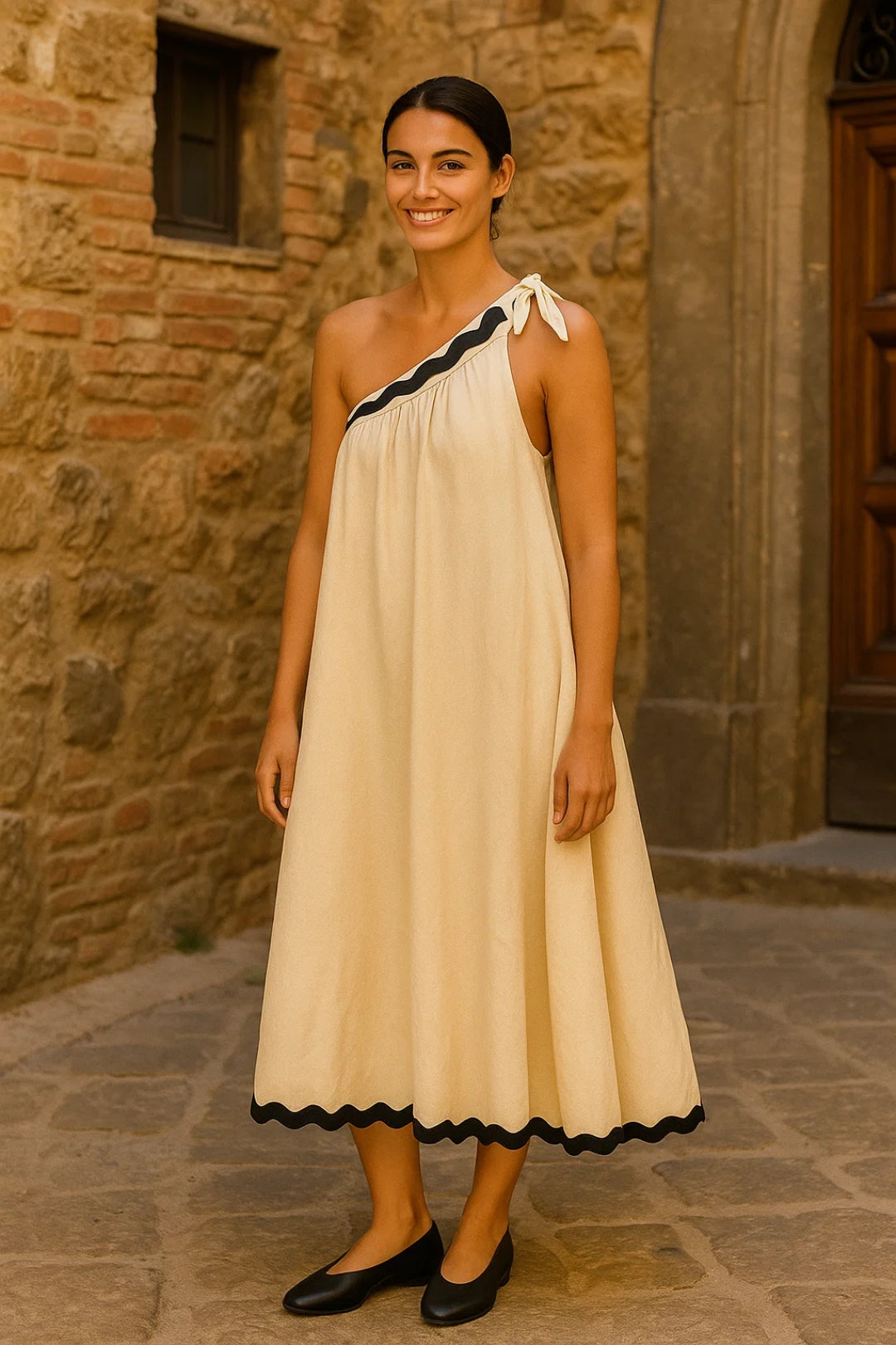 Abito lungo monospalla in cotone | Stile boho con bordo a contrasto