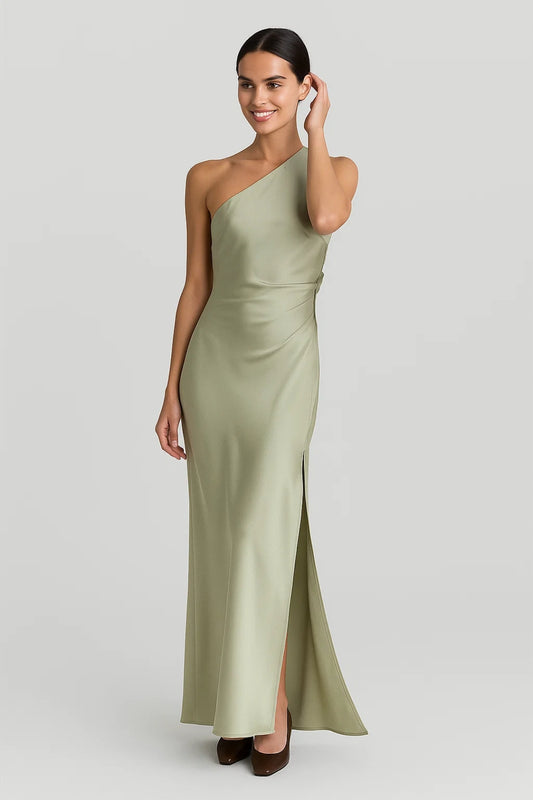 Abito lungo monospalla verde salvia | Spacco laterale | Eleganza minimal