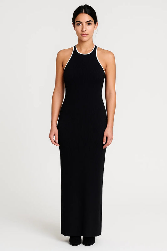 Abito lungo nero con scollo all’americana | Schiena scoperta | Vestibilità aderente