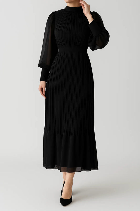 Abito lungo plissettato con maniche a palloncino | Elegante e fluido