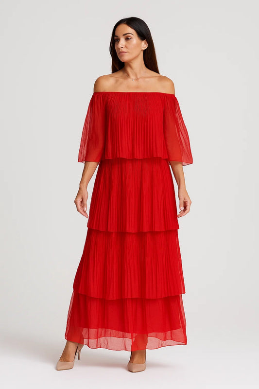 Abito lungo plissettato a balze | Spalle scoperte | Elegante e leggero