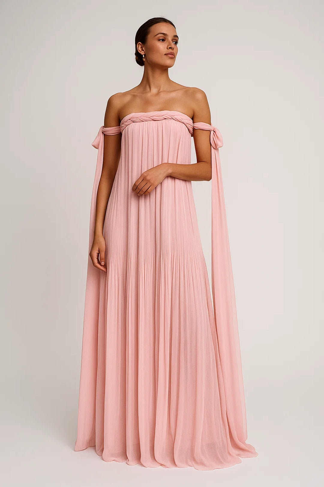 Abito lungo rosa cipria | Spalle scoperte con fiocchi | Stile etereo