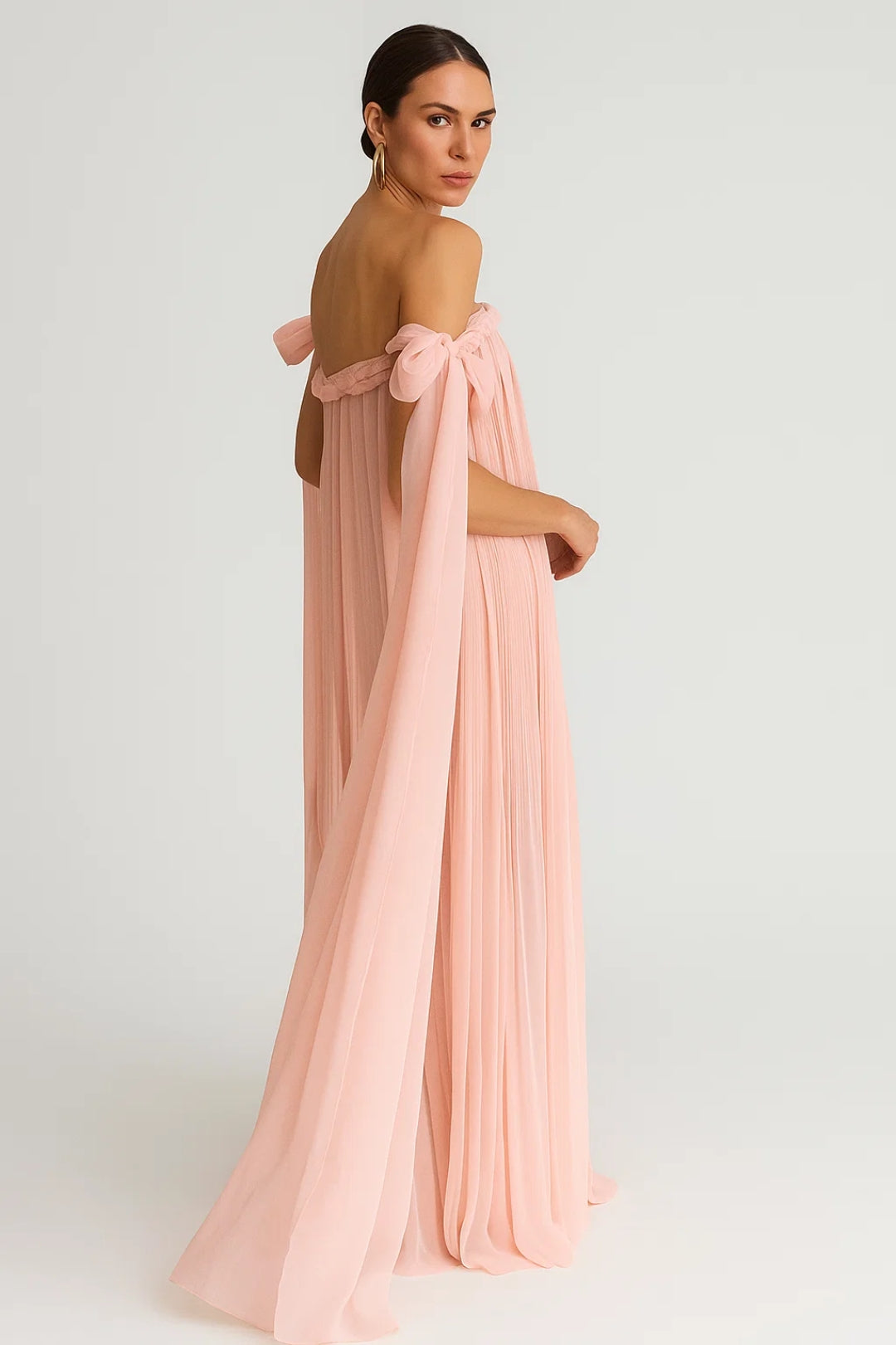 Abito lungo rosa cipria | Spalle scoperte con fiocchi | Stile etereo