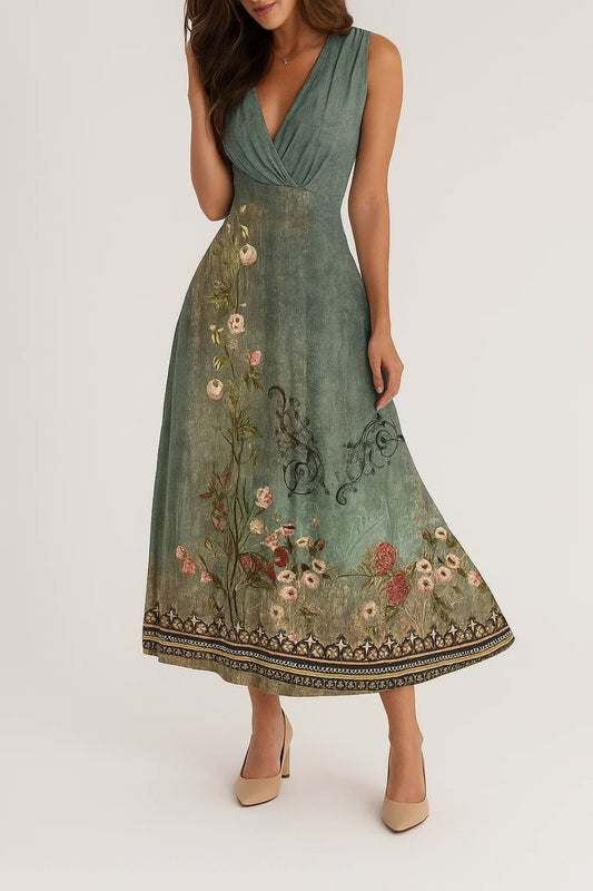 Abito lungo senza maniche con stampa floreale vintage | Scollo incrociato a V
