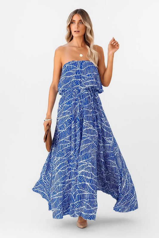 Abito lungo senza spalline | Fantasia blu foglia | Leggero ed elegante