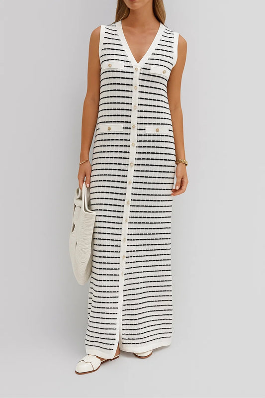 Abito lungo smanicato a righe con bottoni decorativi