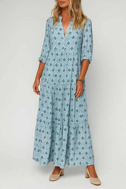 Abito lungo con stampa geometrica e maniche a 3/4