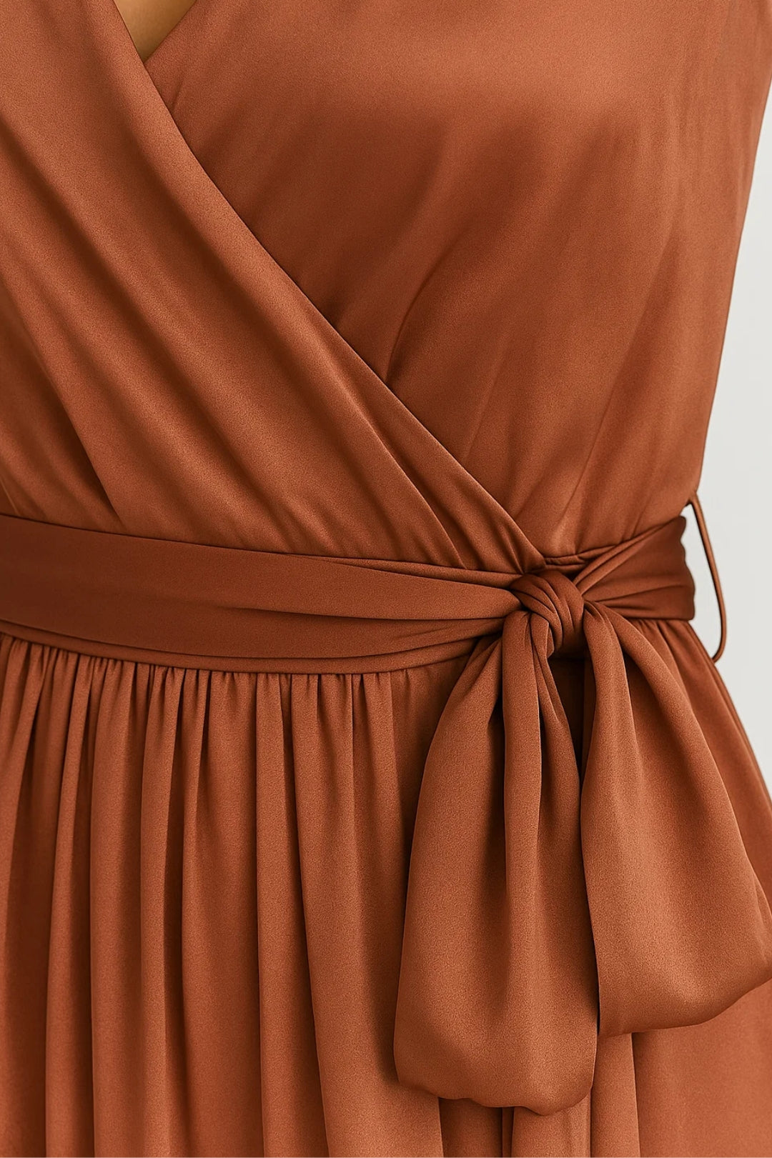 Abito lungo terracotta con spacco | Chiusura incrociata con cintura | Senza maniche