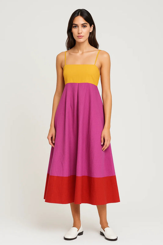 Abito midi a blocchi di colore | Spalline sottili | Stile vivace