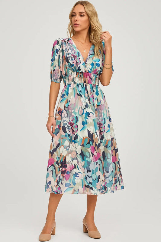 Abito midi a fiori con scollo a V | Elegante e leggero