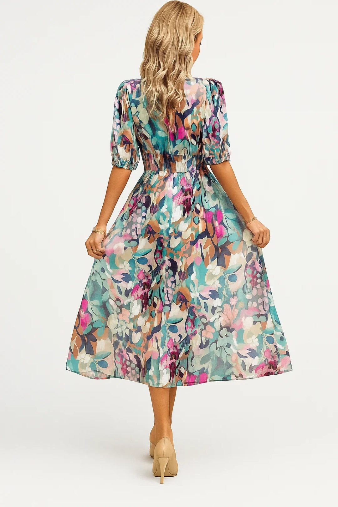 Abito midi a fiori con scollo a V | Elegante e leggero