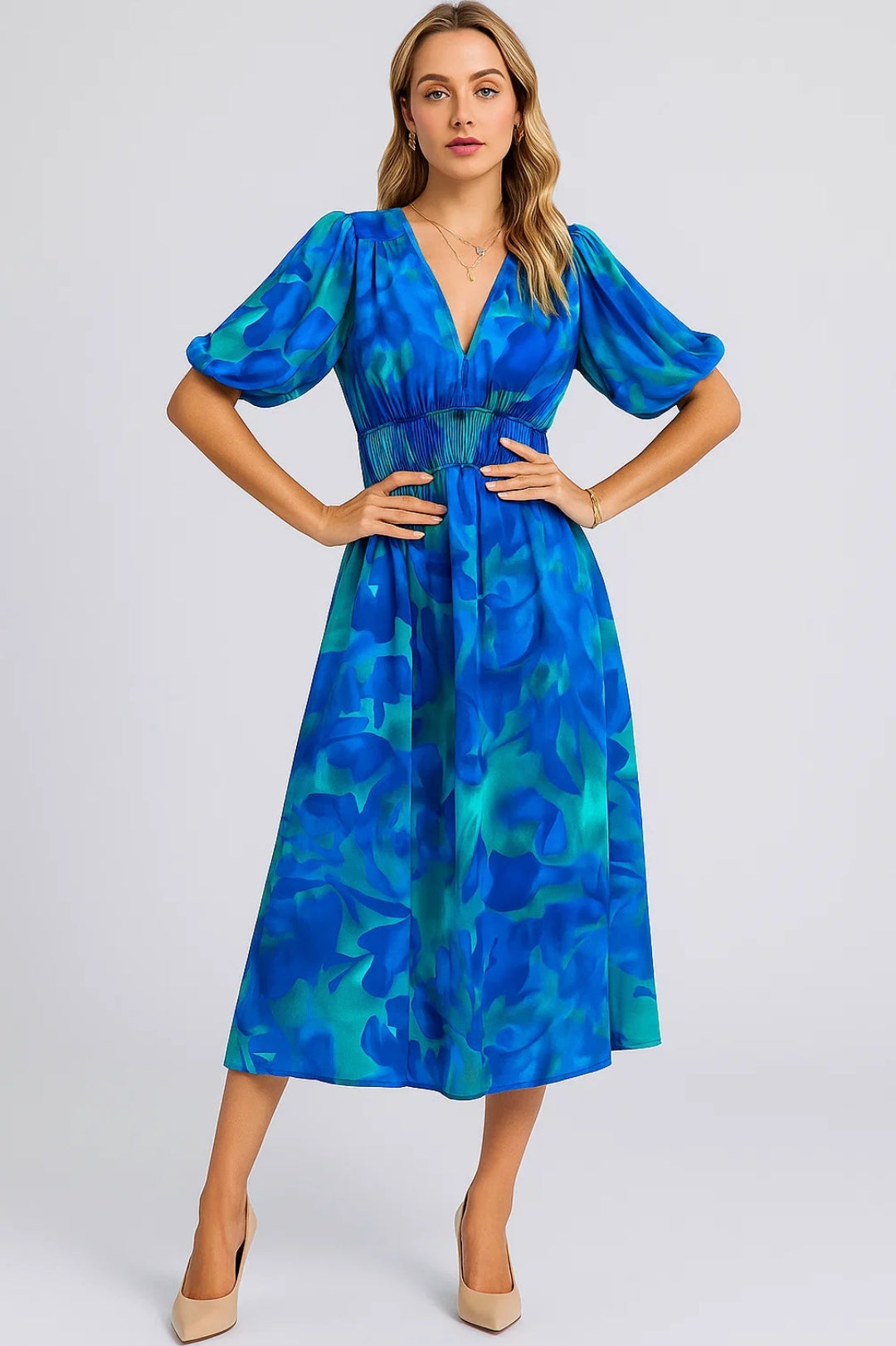 Abito midi a fiori con scollo a V | Elegante e leggero
