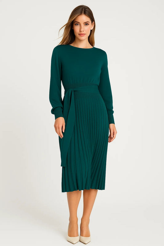 Abito midi a maglia con maniche lunghe | Gonna plissettata | Cintura abbinata