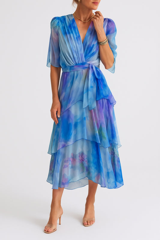 Abito midi a portafoglio con stampa acquerello | Chiffon leggero e romantico