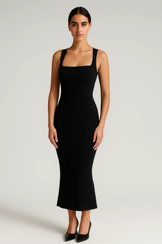 Abito midi aderente | Scollo dritto e spalline larghe | Maglia a costine