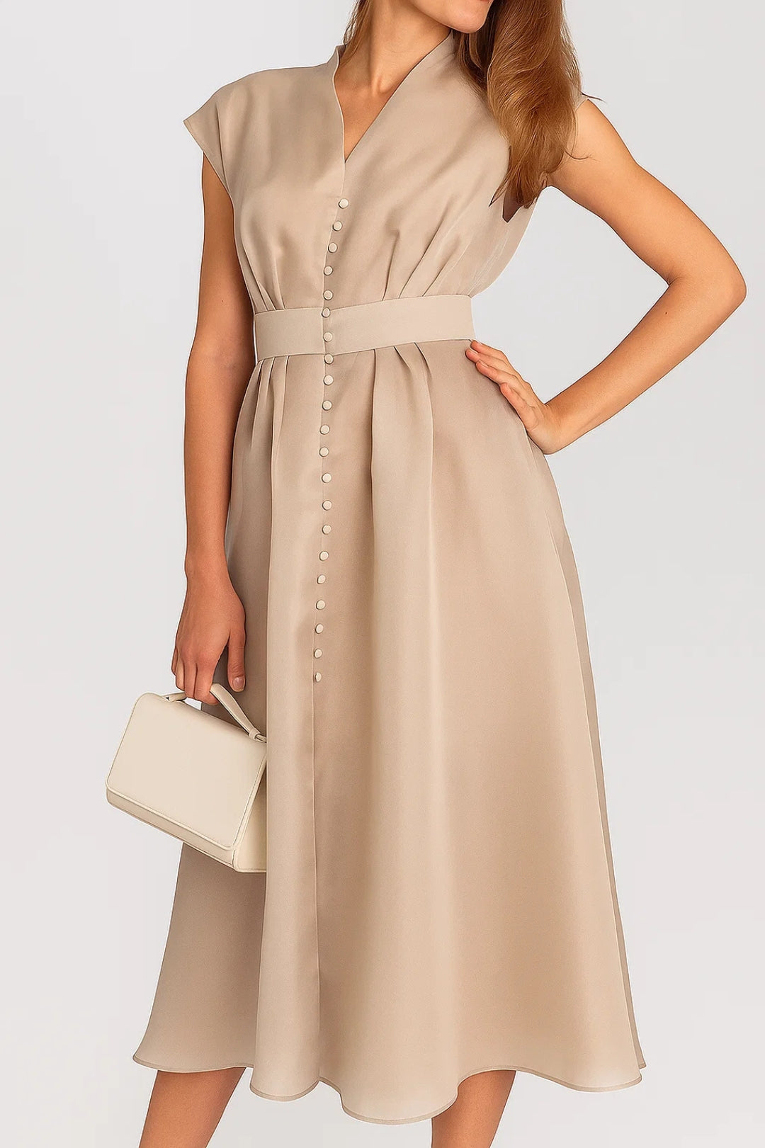 Abito midi beige con bottoni e vita definita