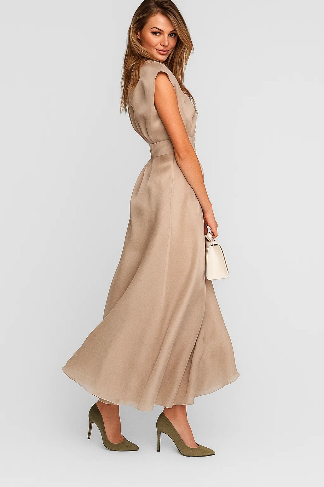 Abito midi beige con bottoni e vita definita