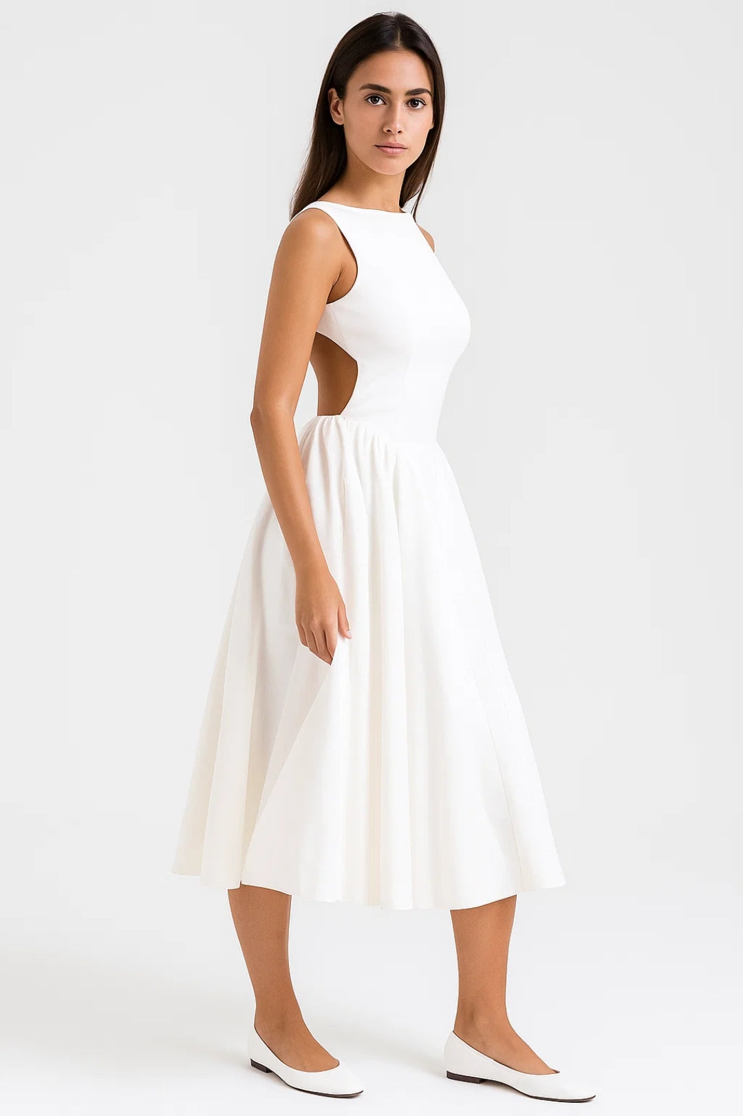 Abito midi bianco con schiena scoperta | Gonna ampia svasata | Eleganza minimal