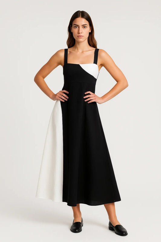 Abito midi bicolore | Scollo dritto | Linea svasata elegante