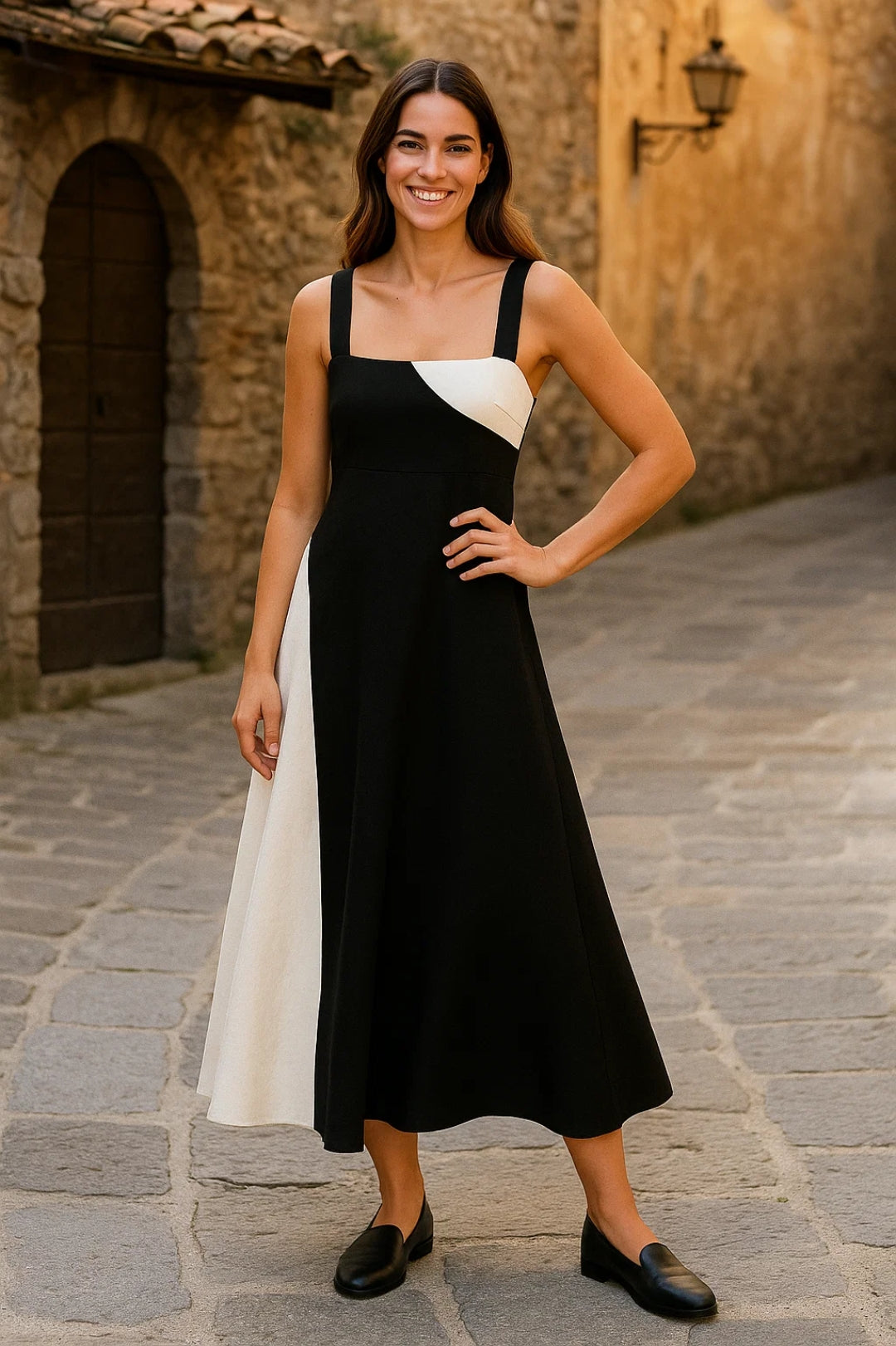 Abito midi bicolore | Scollo dritto | Linea svasata elegante