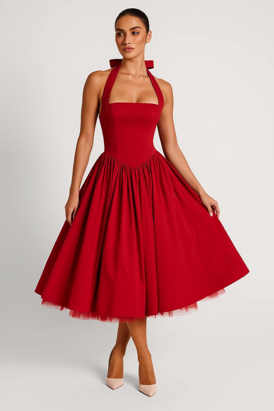 Abito midi con corpetto aderente e scollo all’americana | Stile retrò ispirato agli anni ’50