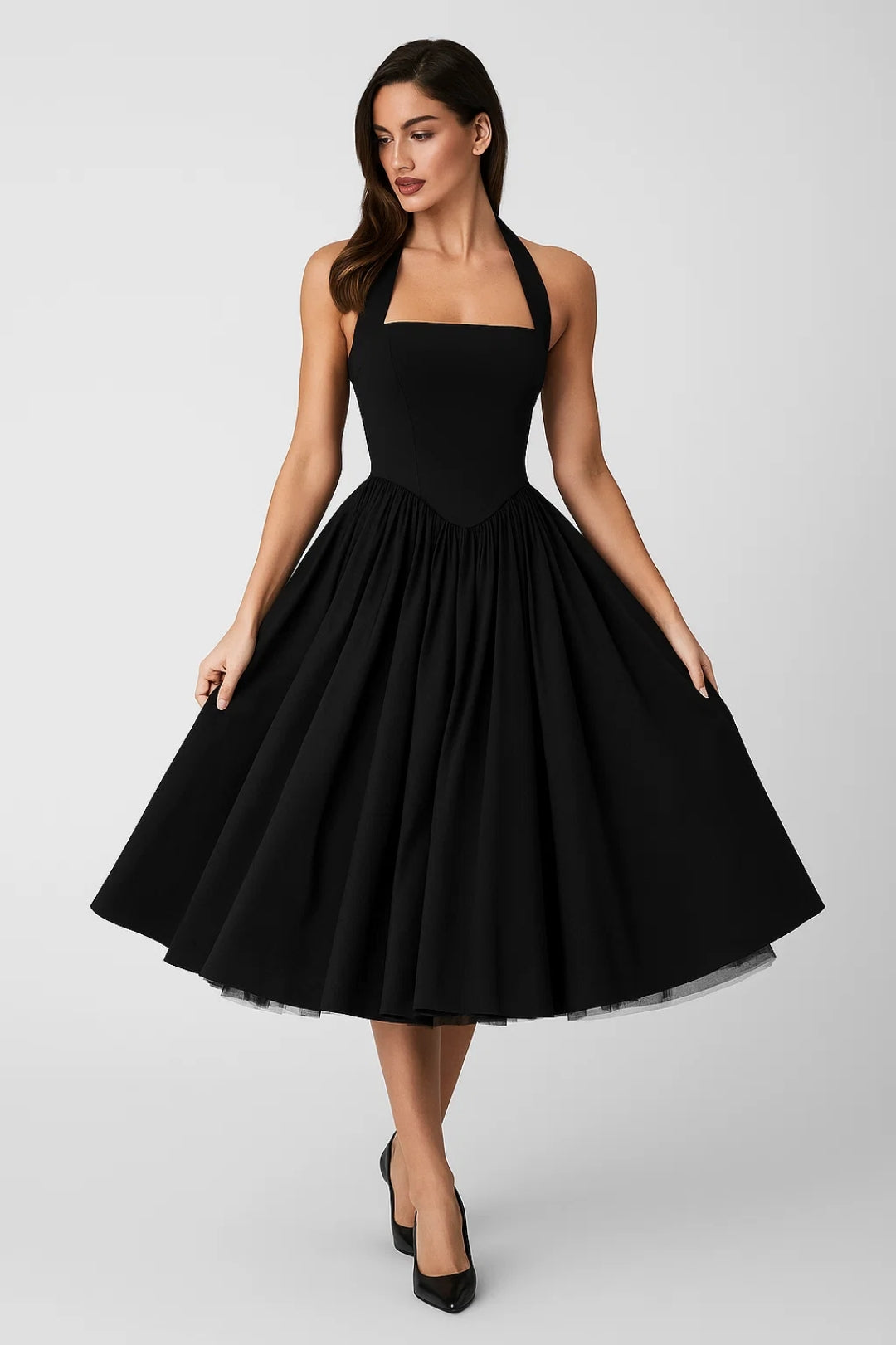 Abito midi con corpetto aderente e scollo all’americana | Stile retrò ispirato agli anni ’50