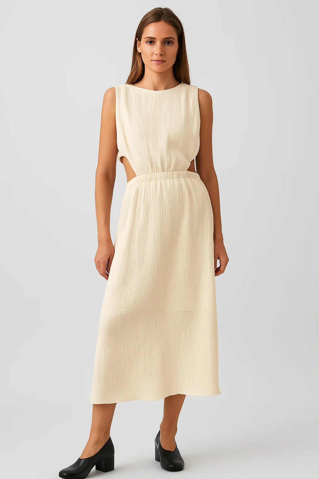 Abito midi con cut-out laterali | 100% cotone stropicciato | Linea svasata