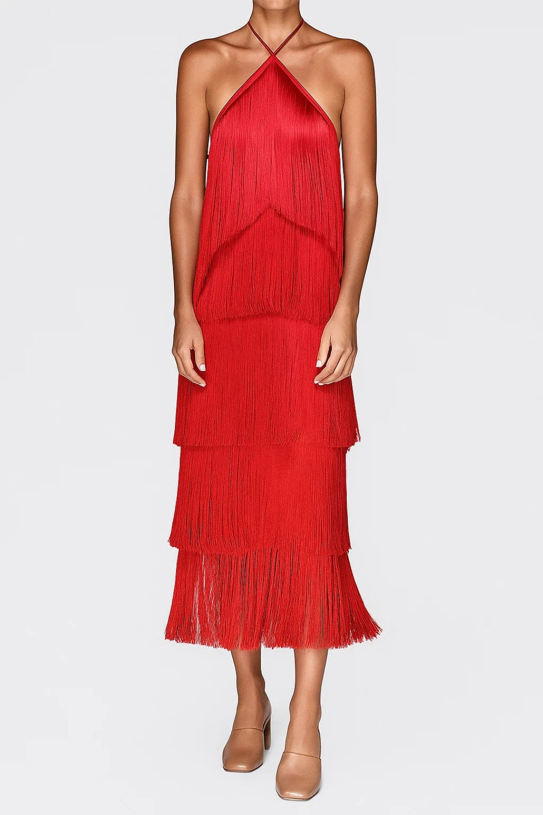 Abito midi con frange a strati | Scollo all’americana