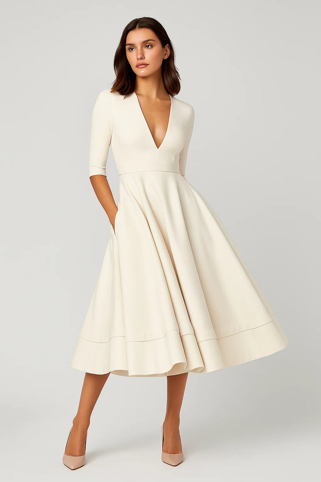 Abito midi con scollo a V e maniche a 3/4 | Gonna ampia svasata | Eleganza senza tempo