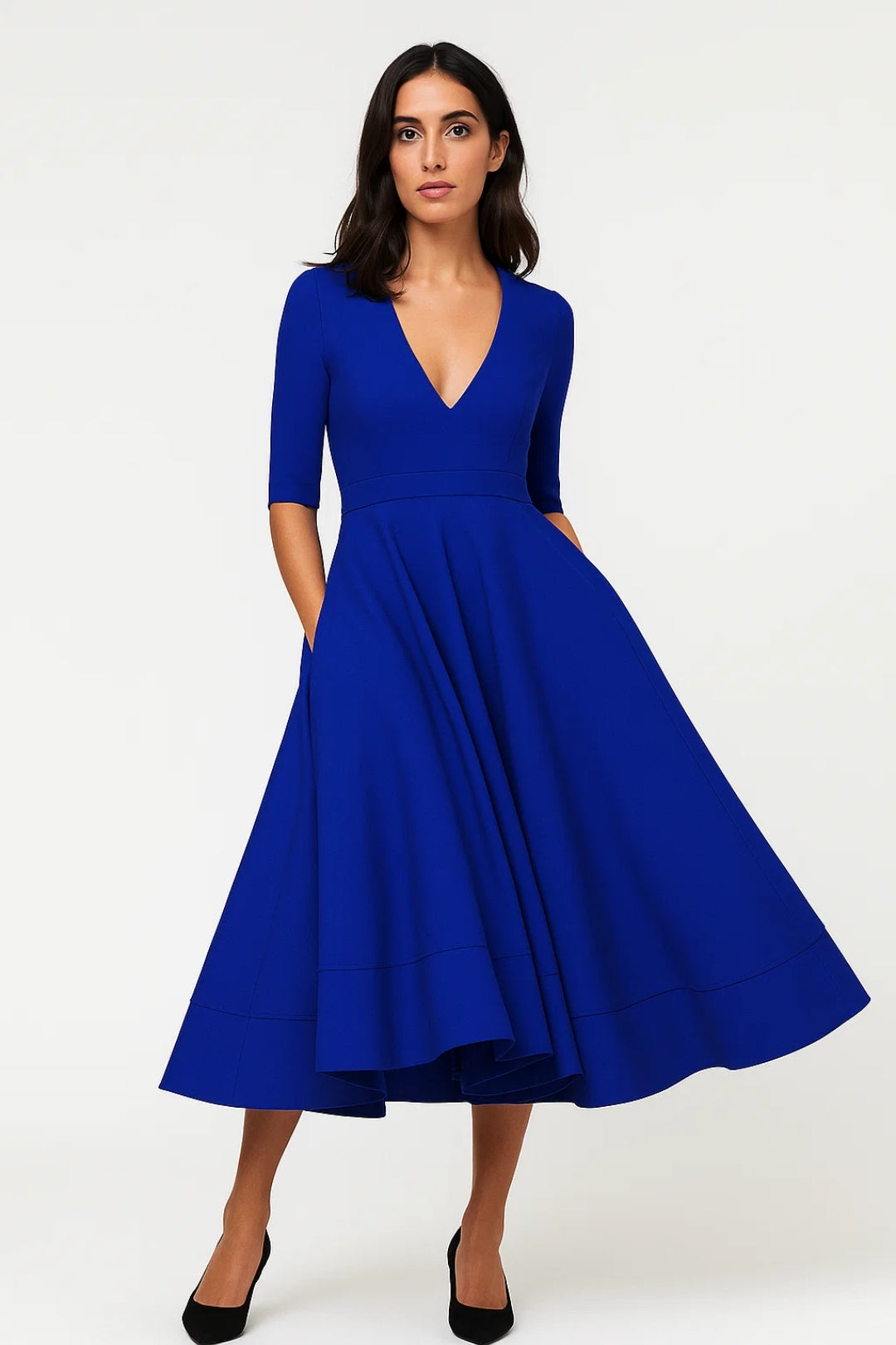 Abito midi con scollo a V e maniche a 3/4 | Gonna ampia svasata | Eleganza senza tempo