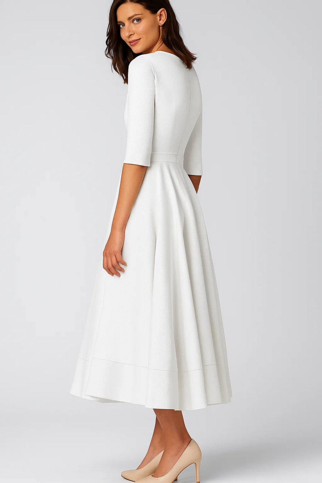 Abito midi con scollo a V e maniche a 3/4 | Gonna ampia svasata | Eleganza senza tempo