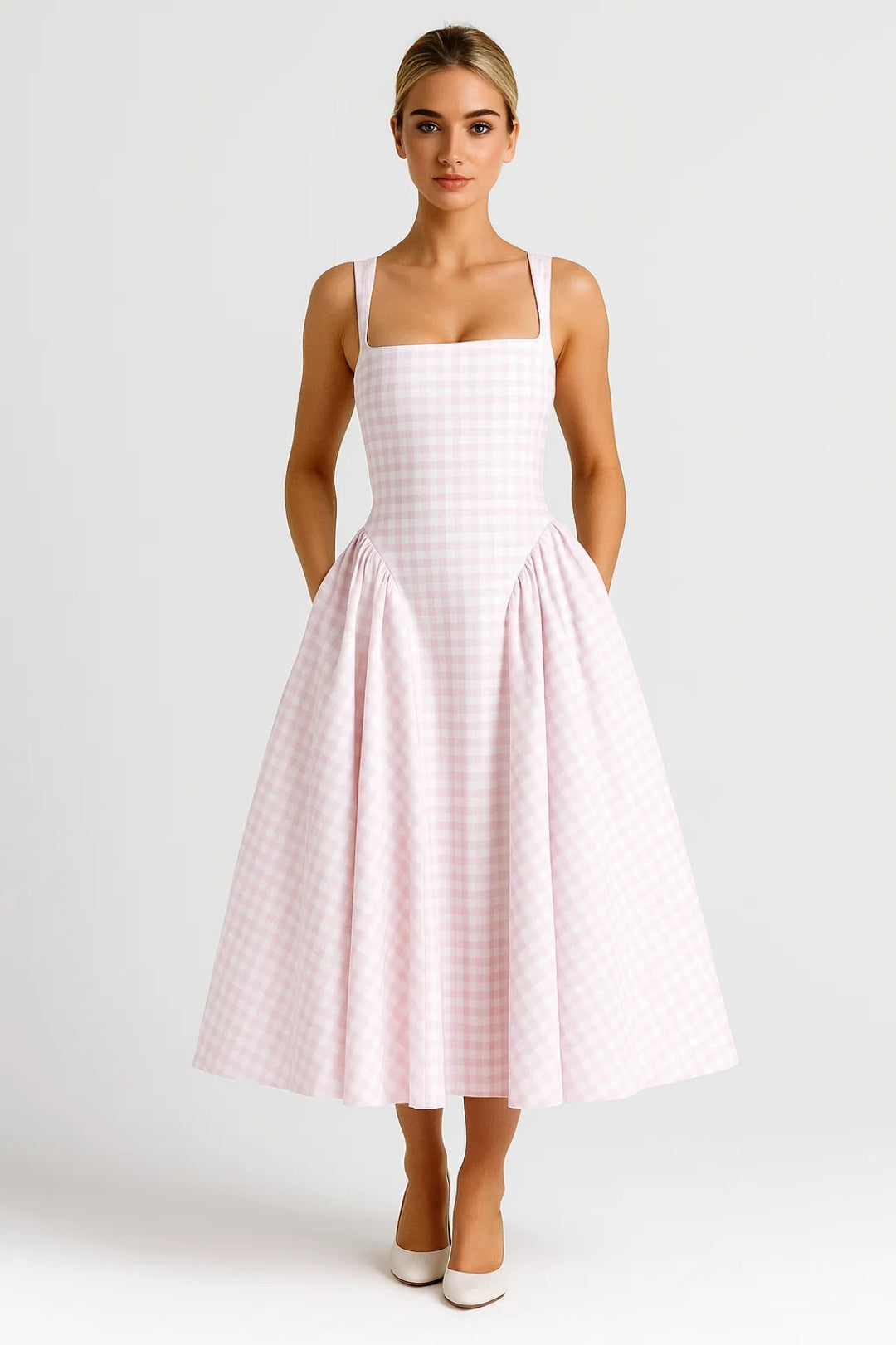 Abito midi con scollo dritto e fantasia vichy | Design svasato