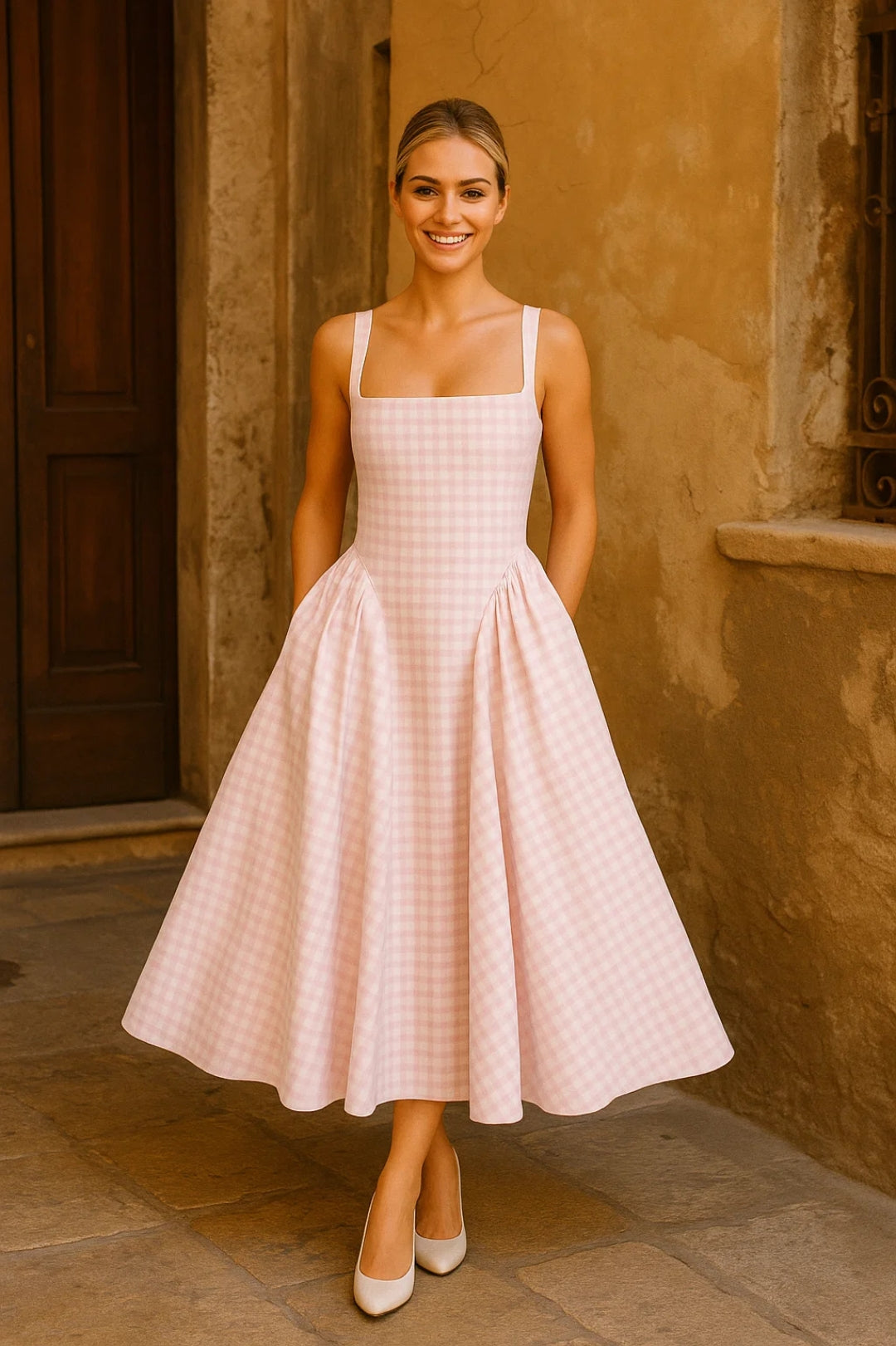 Abito midi con scollo dritto e fantasia vichy | Design svasato