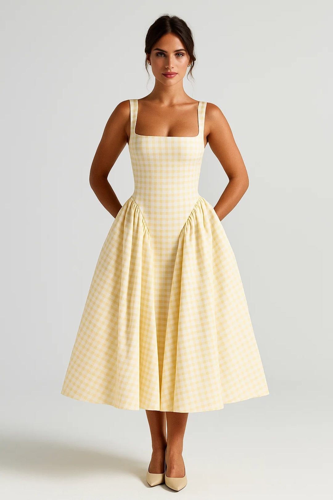 Abito midi con scollo dritto e fantasia vichy | Design svasato