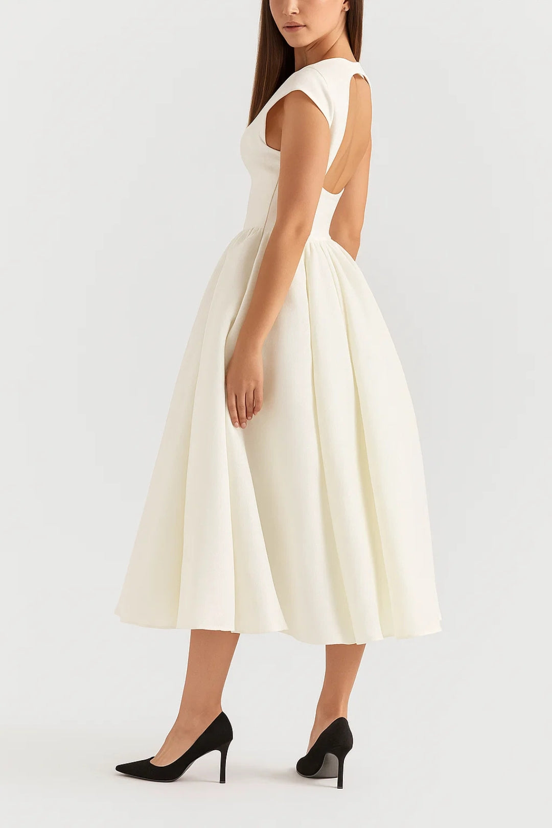 Abito midi elegante in tessuto strutturato | Scollo a barca | Schiena scoperta