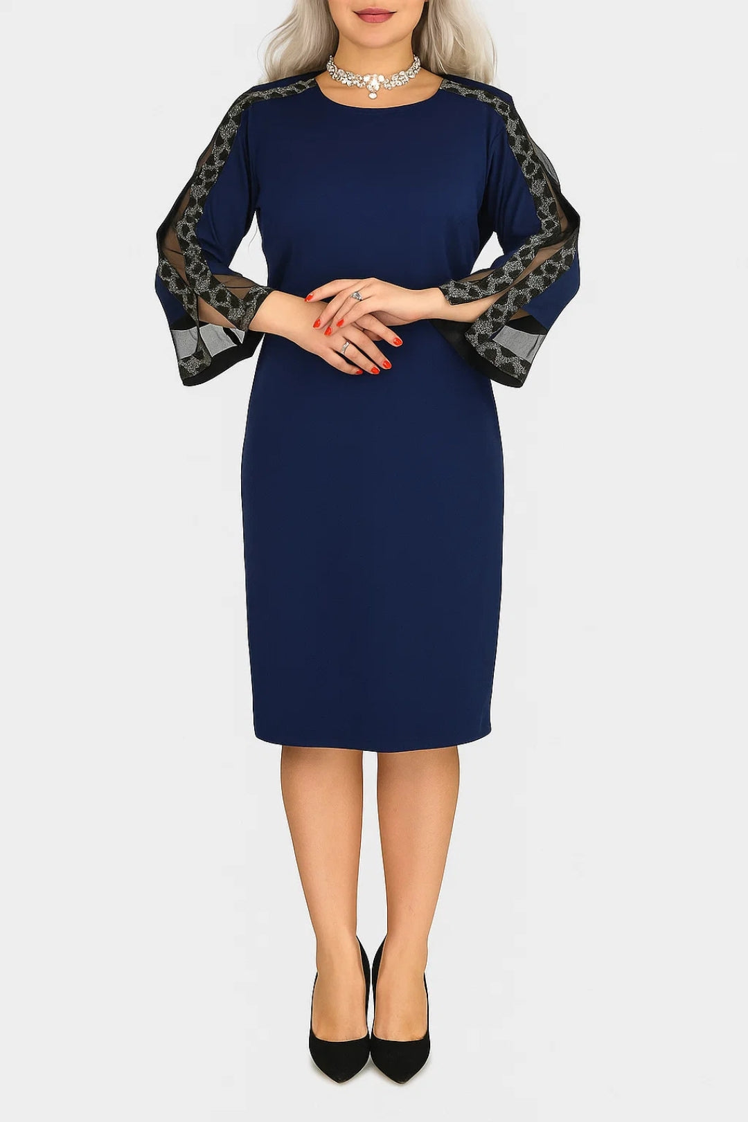 Abito midi elegante con maniche trasparenti | Dettagli in pizzo | Vestibilità comoda