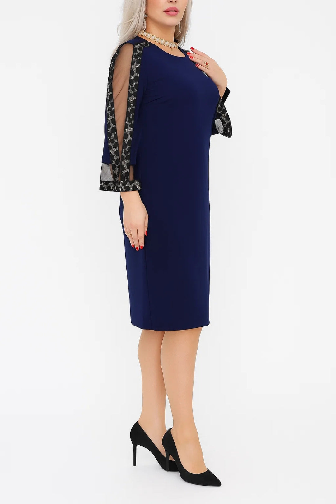 Abito midi elegante con maniche trasparenti | Dettagli in pizzo | Vestibilità comoda