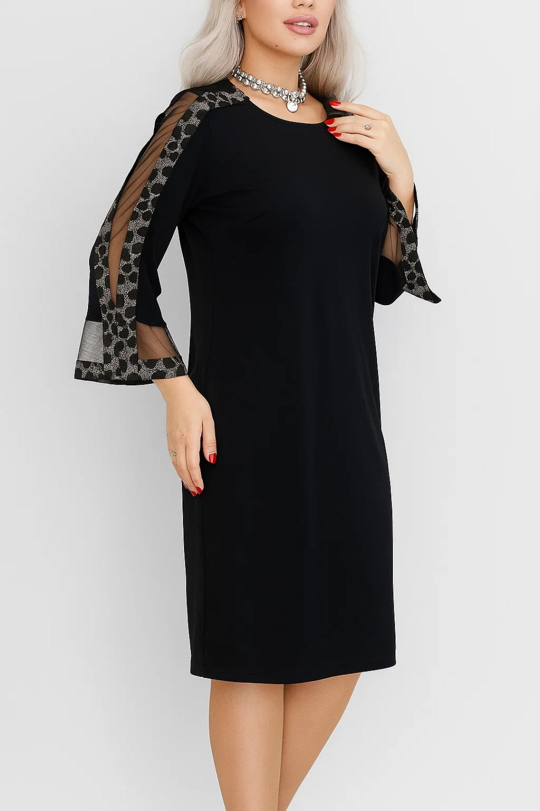 Abito midi elegante con maniche trasparenti | Dettagli in pizzo | Vestibilità comoda