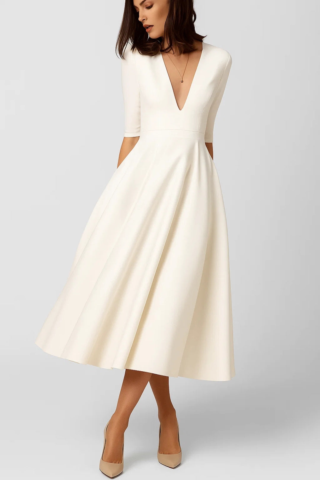 Abito midi elegante con scollo a V | Maniche a mezza lunghezza