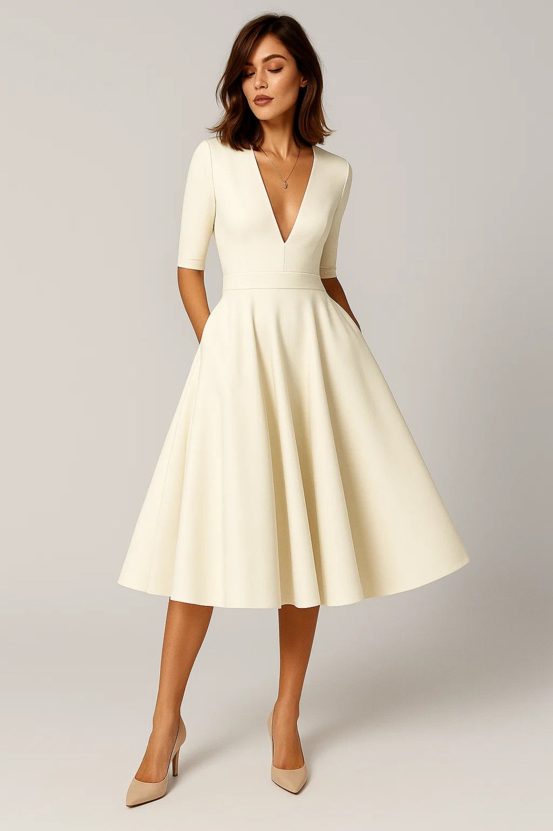 Abito midi elegante con scollo a V | Maniche a mezza lunghezza