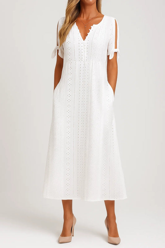 Vestito midi traforato con scollo a V e maniche con fiocco