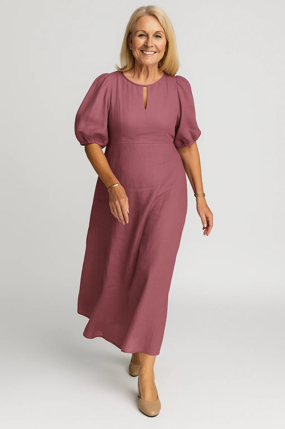 Abito midi in lino con maniche a sbuffo | Elegante e traspirante